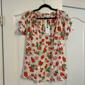 Rose + Olive Cream & Red Strawberries & Cherries Print Blouse Plus Size 1X NEW